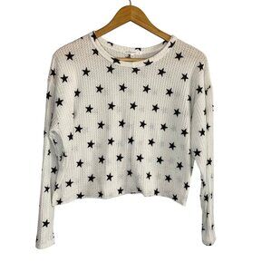 Antistar White Waffle Knit Black Star Cropped Long Sleeve Tee